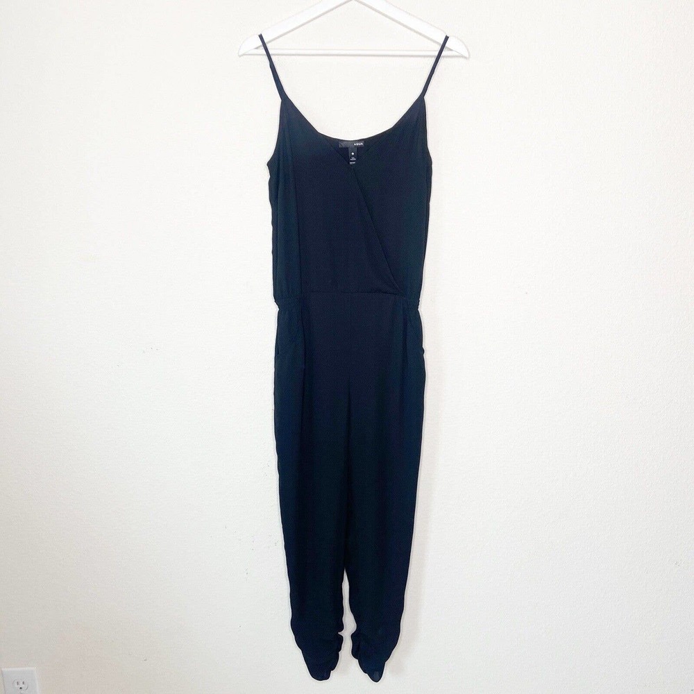 AQUA Faux Wrap Ruched Leg Pocketed Black Jumpsuit S